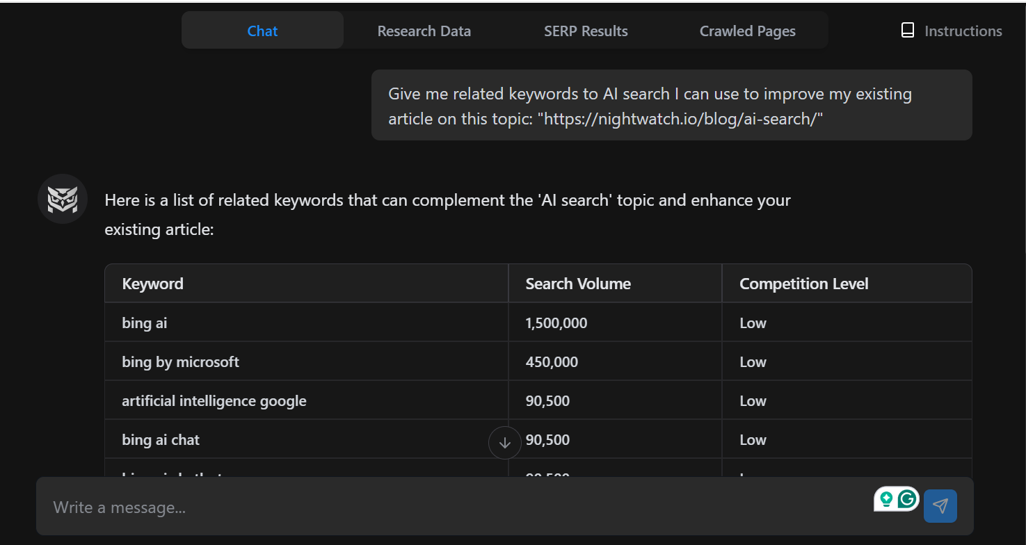 SEO agent research keyword chat