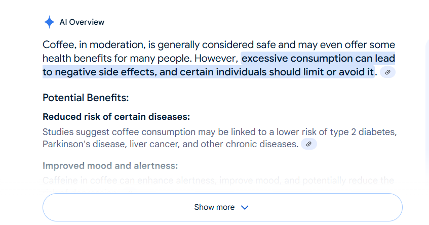 ai overviews result for is coffee bad for you