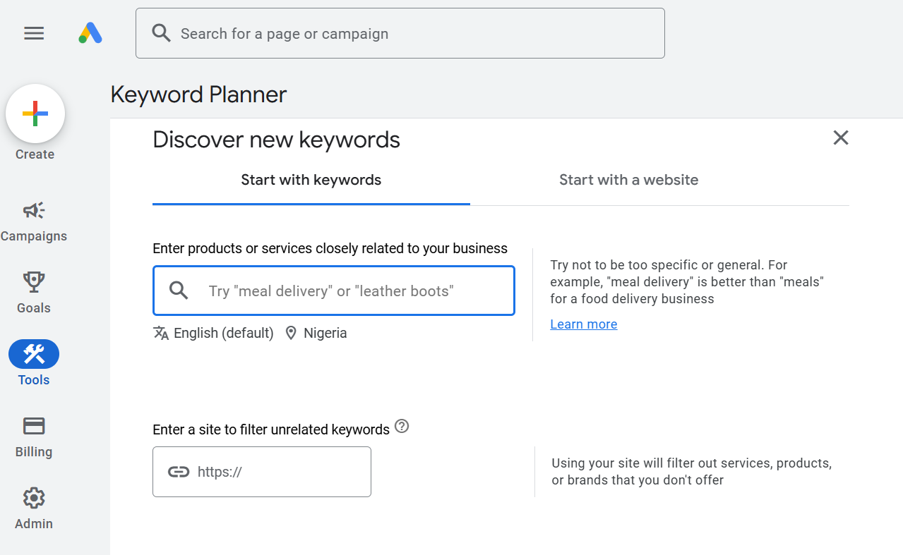 discovering new keywords in Google keyword planner