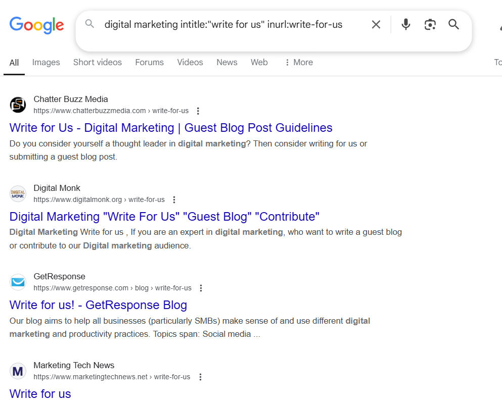 google search operator guest posting results for digital maketing