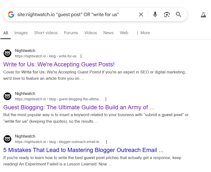 google search operator guest posting search results