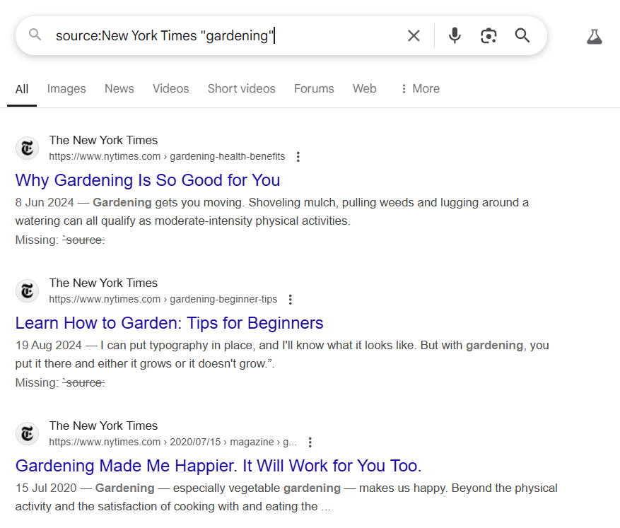 Google search operator search results for the source commands