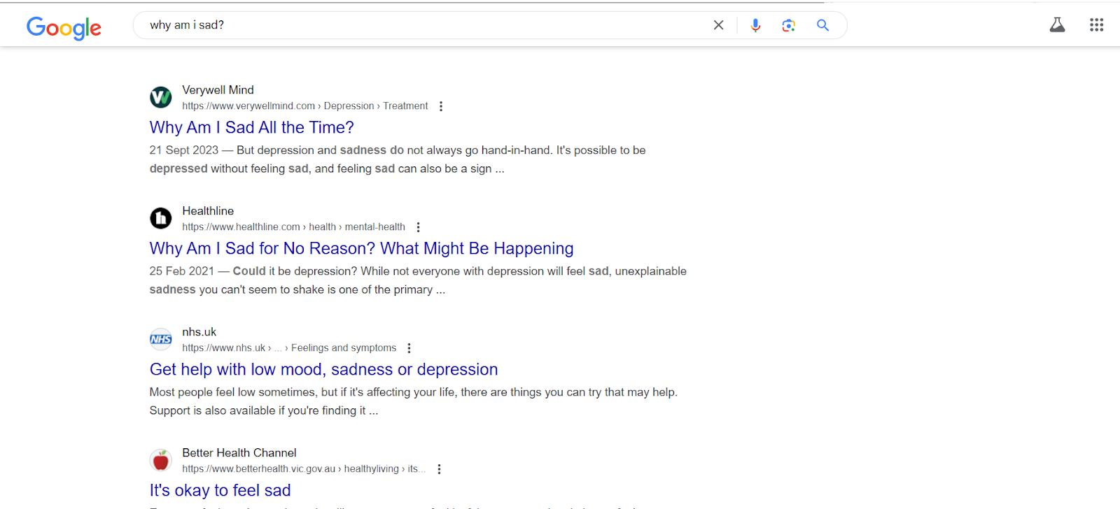 Google's search result's page for the query "why am I sad?"