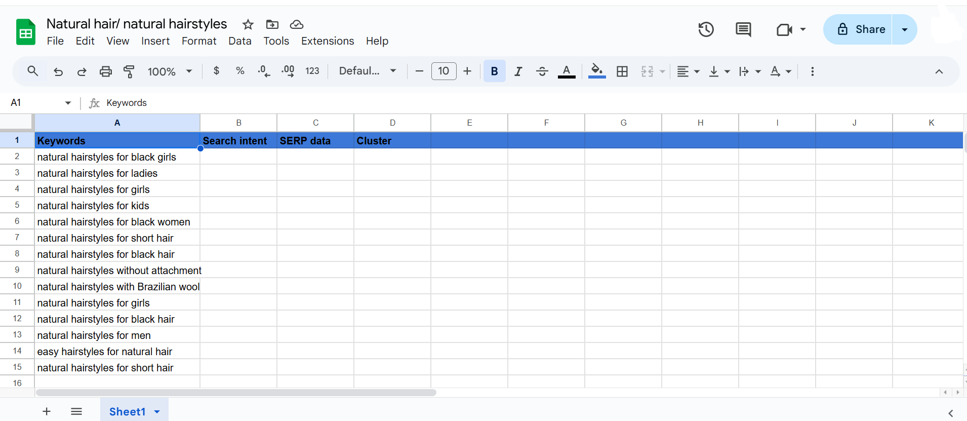 Keyword clustering in spreadsheet