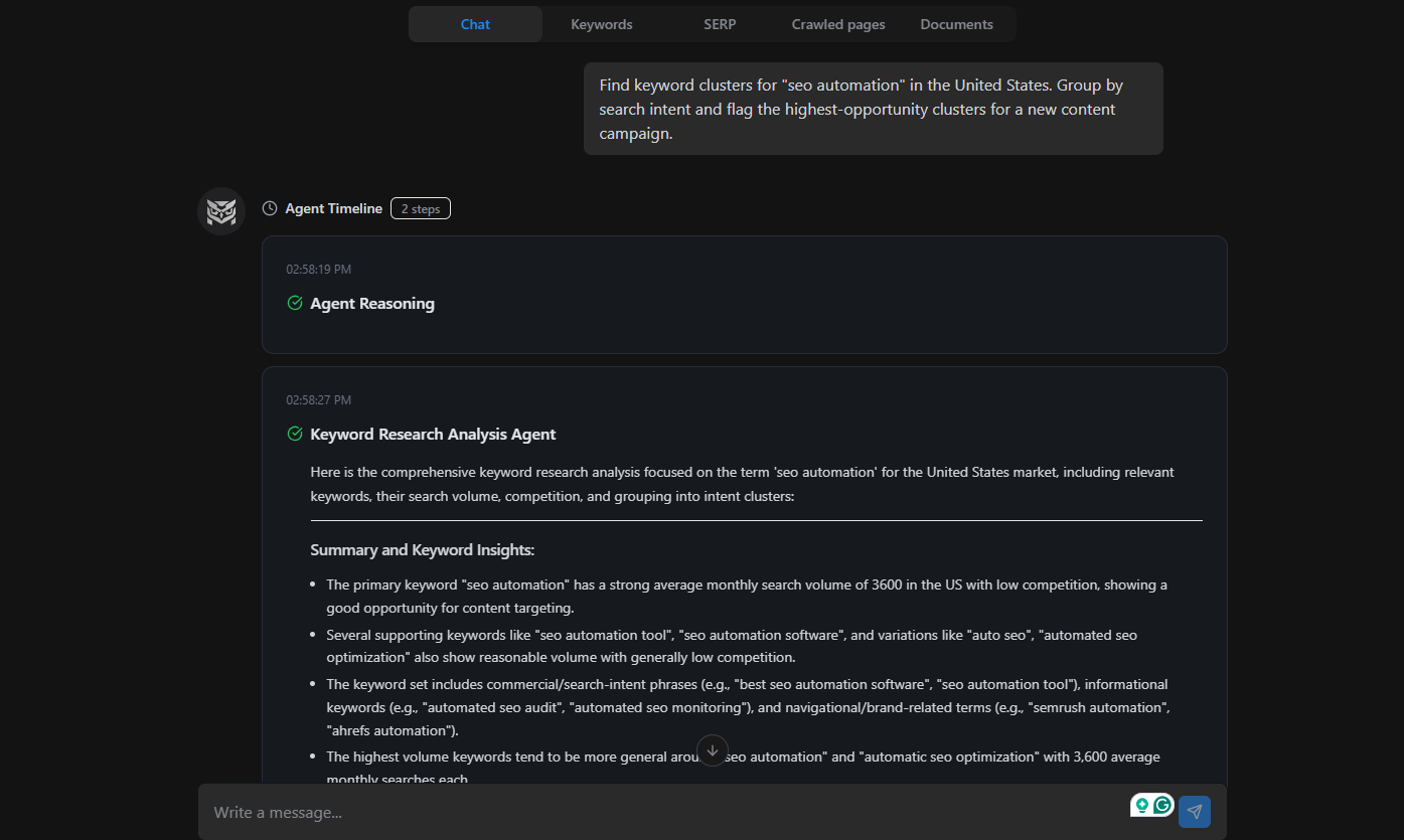 nightowl-chat-interface-showing-keyword-research-prompt-and-clustered-output