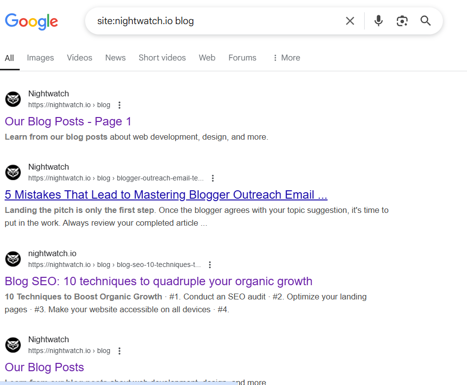 SERP page of Nightwatch's blog inventory