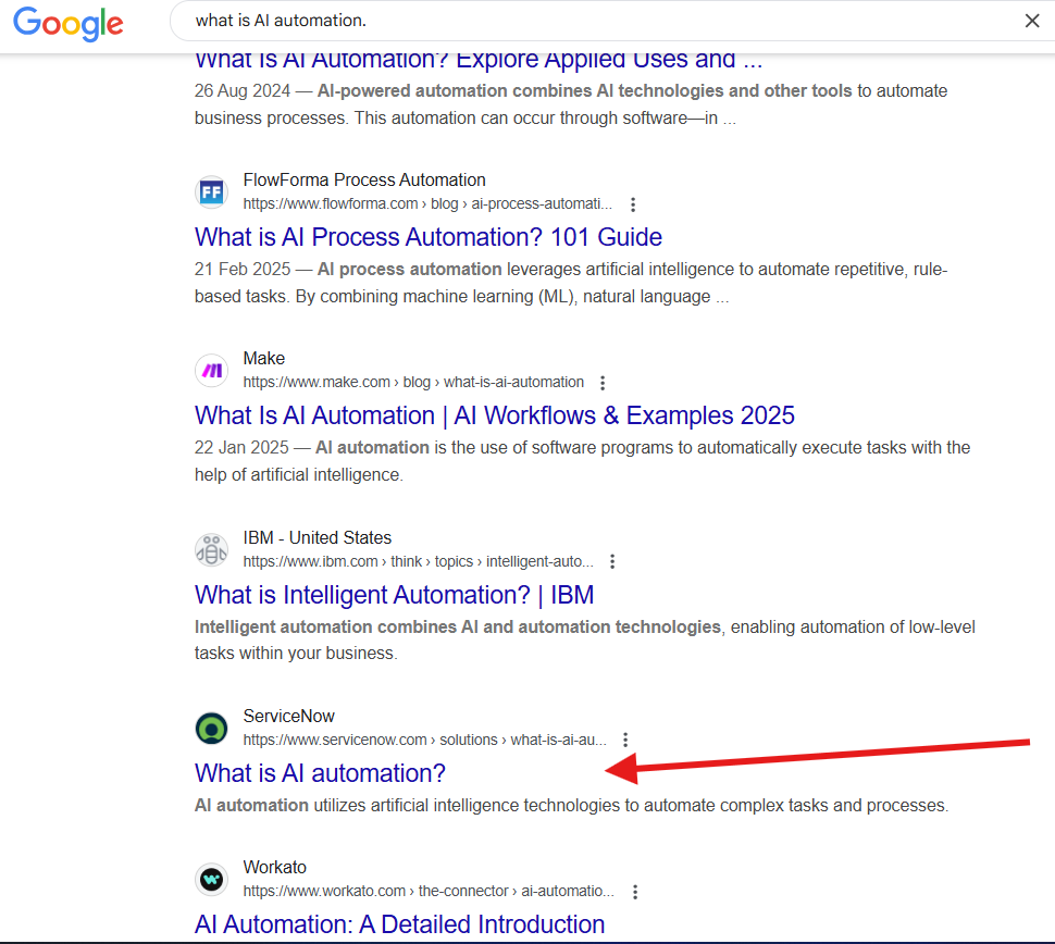 servicenow-rankings-on-serps-for-what-is-ai-automation