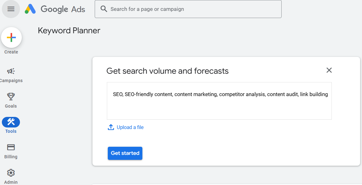 uploading keywords on Google keyword planner